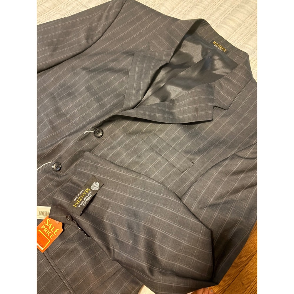 Manzini Italy Mens Super 120s Wool Suit Jacket Grey Windowpane Plaid 44R M-825